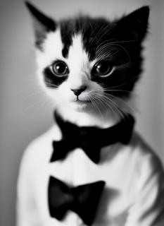 a black and white medium format 85mm portrait photograph of a kitten wearing a tuxedo on his way to a funeral, The photo is high quality and highly detailed with the kitten's features clearly visible, photographer Edward Weston used Agfa Isopan ISO 25 film to create this image, this image resembles Edward Weston's photograph Pepper No. 35 -s100 -W512 -H704 -C8.0 -Ak_euler_a -S3185101922